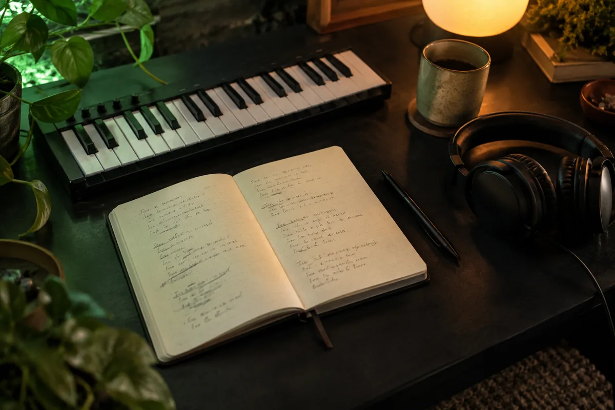 Open lyric notebook beside a MIDI keyboard, pen and headphones on a warmly lit desk